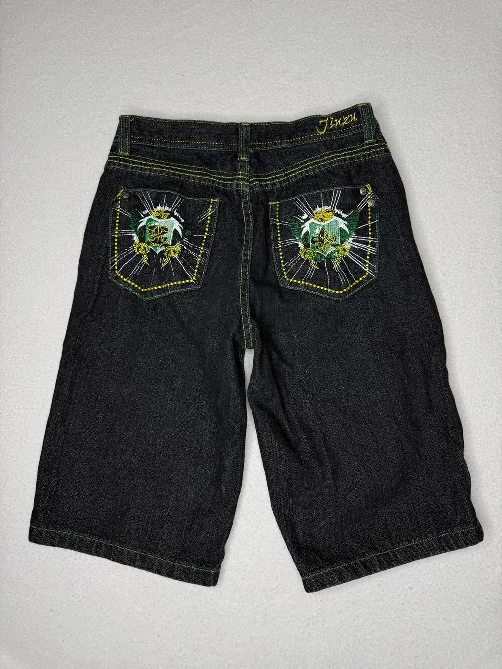 Jinzu Denim Size 18 Black Long Denim Shorts Embroidered Baggy Y2K Jorts